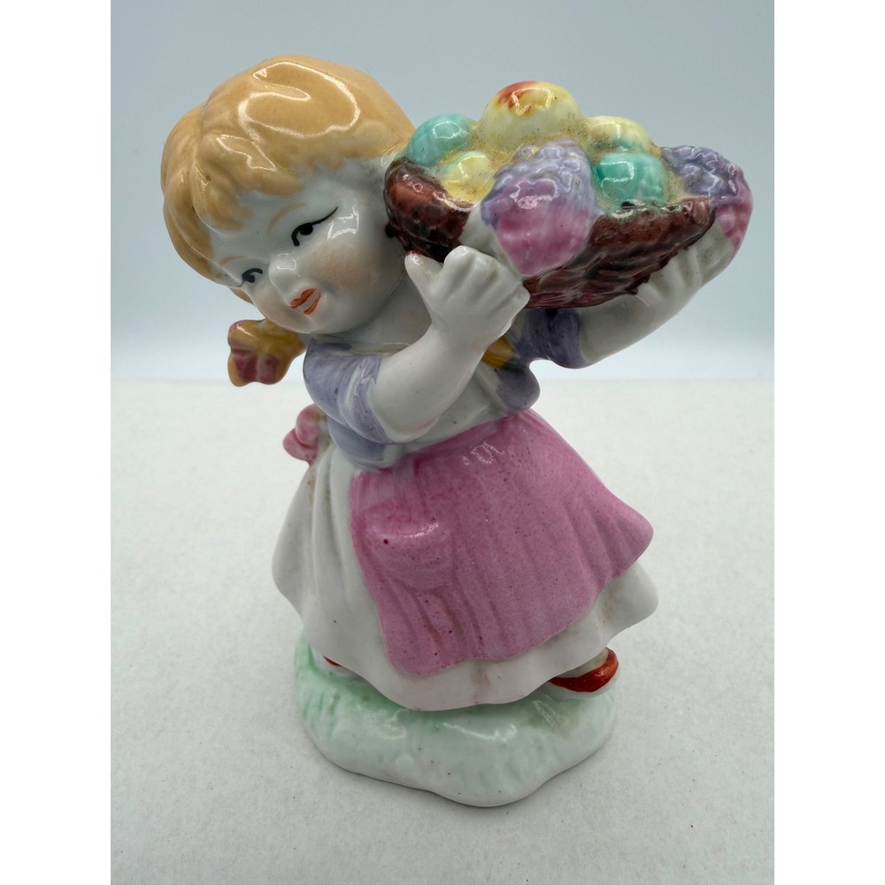 Vintage 1960s Ceramic Girl Figurine Pink Dress Flower Basket 4"